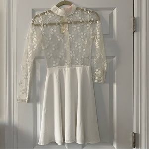 High neck sheer lace embroidered skater dress